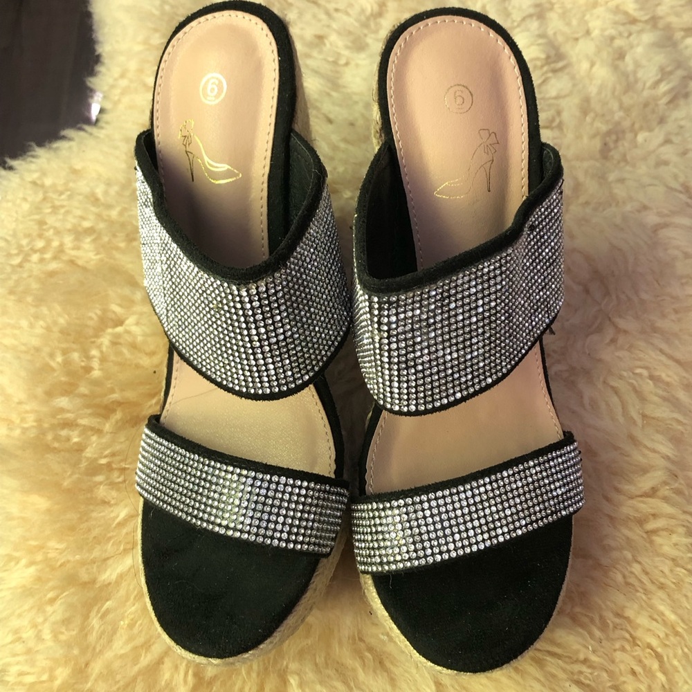Black Rhinestone Double-Band Wedge Sandals for Women - Sparkle Accent